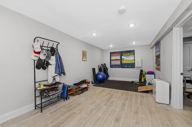 200 Elliot St Unit 1, Newton, MA 02464 - exercise room featuring wood finished floors, baseboards, and recessed lighting