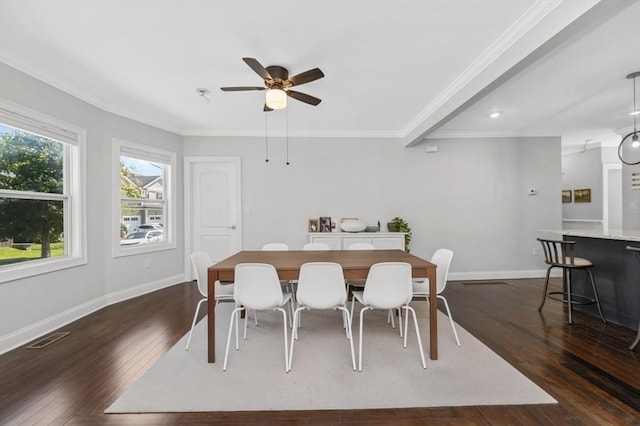 200 Elliot St Unit 1, Newton, MA 02464 - dining space with ceiling fan, dark wood finished floors, crown molding, baseboards, and recessed lighting