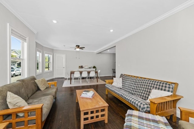 200 Elliot St Unit 1, Newton, MA 02464 - living area featuring crown molding, wood finished floors, a ceiling fan, recessed lighting, and baseboards