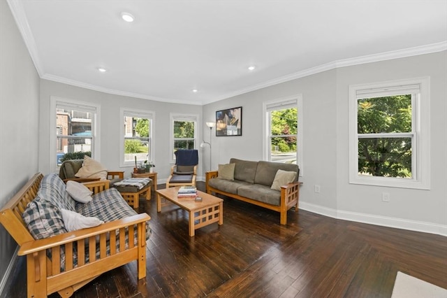 200 Elliot St Unit 1, Newton, MA 02464 - living room featuring ornamental molding, baseboards, recessed lighting, and wood finished floors