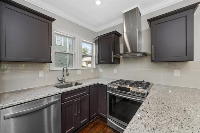 200 Elliot St Unit 1, Newton, MA 02464 - kitchen with wall chimney exhaust hood, stainless steel appliances, a sink, crown molding, and light stone countertops
