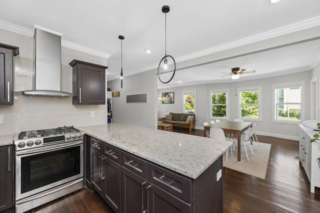 200 Elliot St Unit 1, Newton, MA 02464 - kitchen with gas stove, wall chimney range hood, a peninsula, dark wood finished floors, and decorative backsplash
