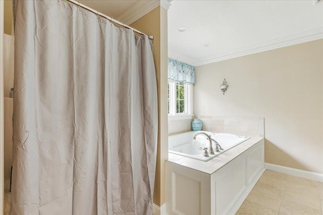 138 Saddleworth Way, Middleboro, MA 02346 - full bath featuring ornamental molding, a garden tub, baseboards, and a shower with curtain