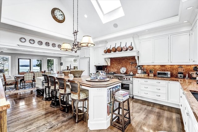 141 Daniels Island Rd, Mashpee, MA 02649 - kitchen with double oven range, ornamental molding, a skylight, healthy amount of natural light, and a breakfast bar