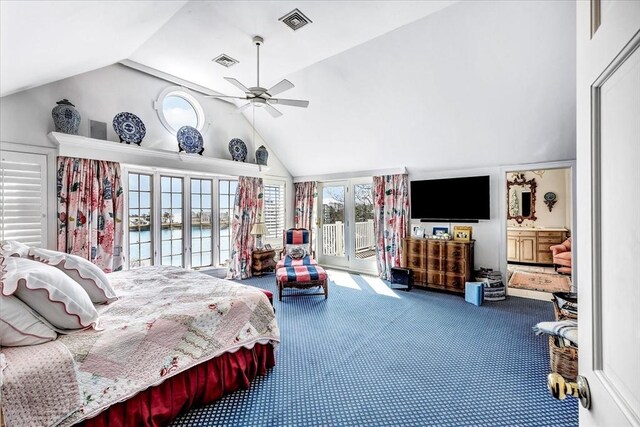 141 Daniels Island Rd, Mashpee, MA 02649 - carpeted bedroom featuring vaulted ceiling, access to outside, a ceiling fan, and french doors