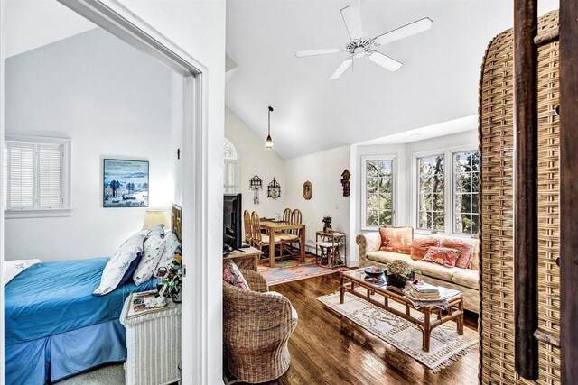 141 Daniels Island Rd, Mashpee, MA 02649 - living room featuring wood finished floors, plenty of natural light, ceiling fan, and high vaulted ceiling