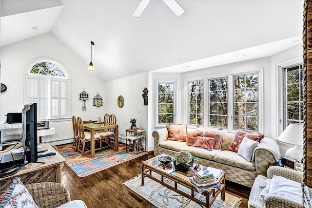 141 Daniels Island Rd, Mashpee, MA 02649 - living area with a ceiling fan, dark wood finished floors, a baseboard radiator, high vaulted ceiling, and recessed lighting
