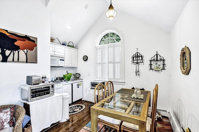 141 Daniels Island Rd, Mashpee, MA 02649 - kitchen featuring white appliances, dark wood finished floors, lofted ceiling, white cabinets, and light countertops