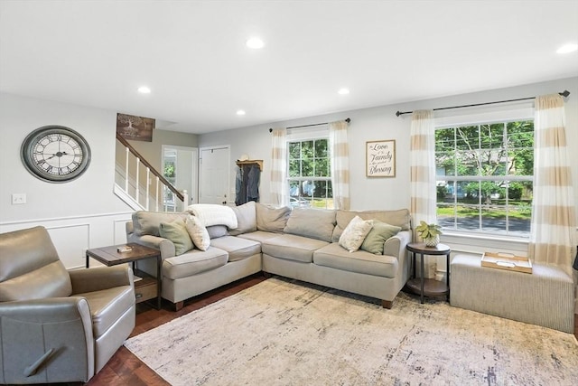 22 Dean St, Hudson, MA 01749 - living room with stairway, plenty of natural light, recessed lighting, and wood finished floors