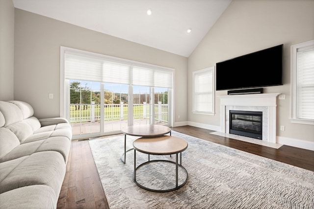 living room featuring hardwood / wood-style floors and high vaulted ceiling