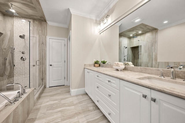 bathroom with vanity, ornamental molding, and separate shower and tub