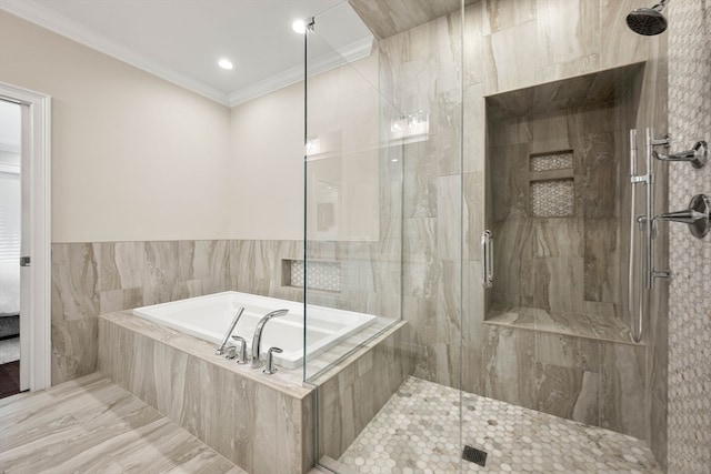 bathroom featuring ornamental molding and plus walk in shower