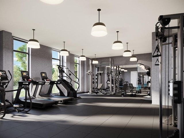 workout area featuring floor to ceiling windows