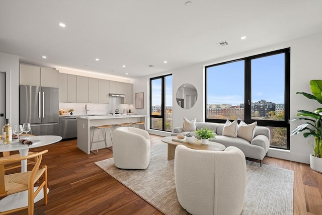 living room featuring sink and light hardwood / wood-style flooring