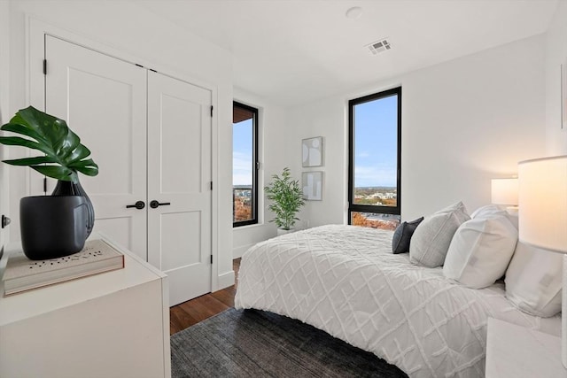 bedroom featuring dark hardwood / wood-style floors and a closet