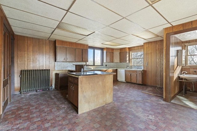 33 Burbank St, Millbury, MA 01527 - kitchen with radiator heating unit, dishwasher, wooden walls, a kitchen island, and plenty of natural light