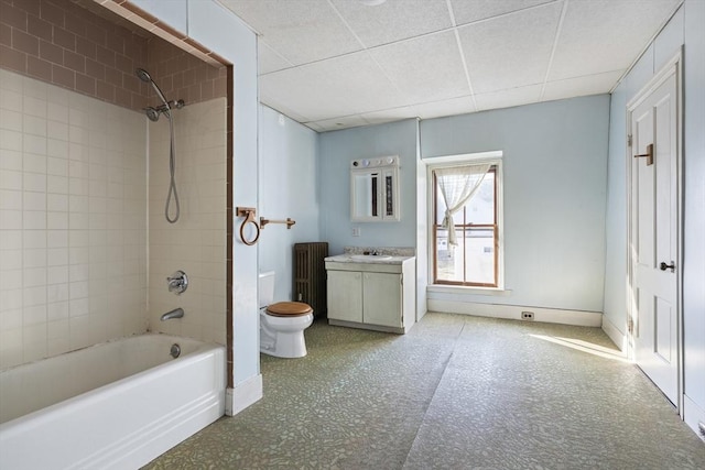33 Burbank St, Millbury, MA 01527 - bathroom with radiator, toilet, baseboards, tub / shower combination, and a drop ceiling