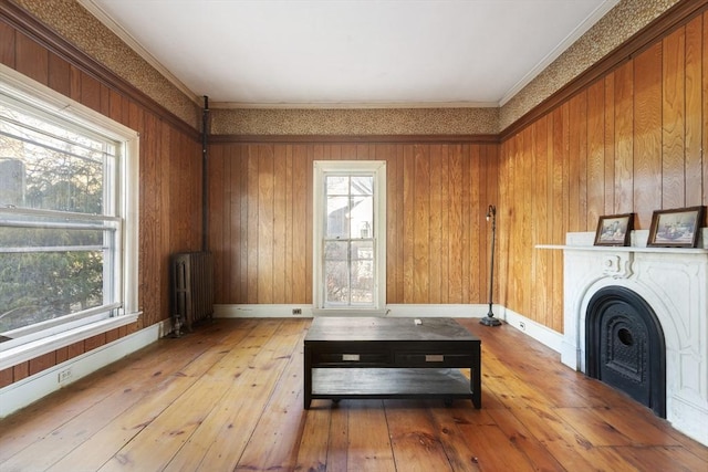 33 Burbank St, Millbury, MA 01527 - sitting room featuring radiator, hardwood / wood-style floors, a fireplace, crown molding, and baseboards