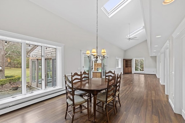 dining room featuring high vaulted ceiling, a skylight, a baseboard radiator, dark wood-style floors, and a notable chandelier