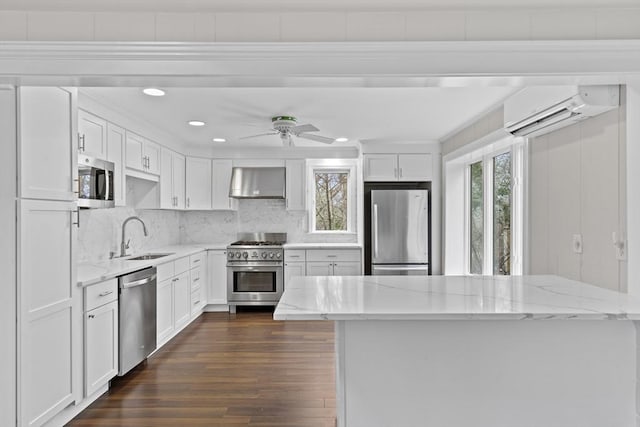 kitchen featuring a sink, a wall unit AC, dark wood-style floors, stainless steel appliances, and wall chimney range hood