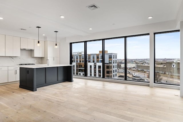 kitchen with tasteful backsplash, visible vents, white cabinets, and plenty of natural light