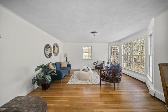 living room featuring a textured ceiling and wood finished floors