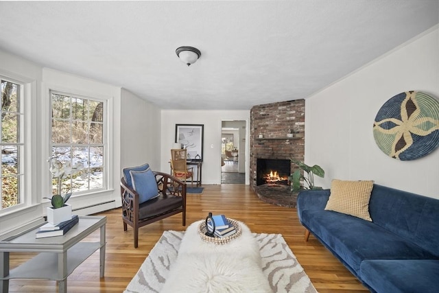 living room featuring a baseboard radiator, a fireplace, and wood finished floors