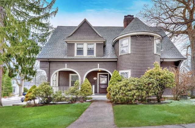 shingle-style home featuring a front yard, covered porch, roof with shingles, and a chimney