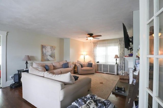 1013 Pleasant St, Worcester, MA 01602 - living area featuring a ceiling fan, wood finished floors, and radiator heating unit