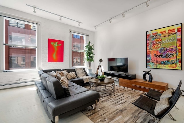 living room featuring light wood-type flooring, rail lighting, baseboard heating, and a healthy amount of sunlight