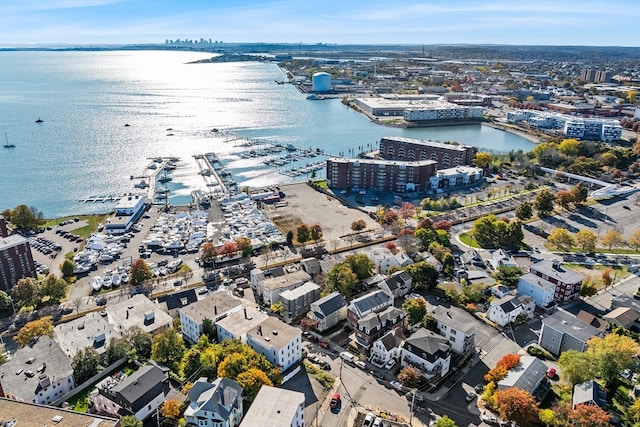 drone / aerial view with a water view