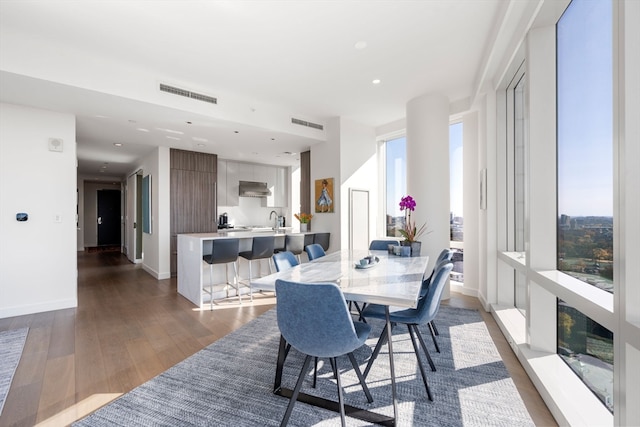 dining area with dark wood-type flooring, a wealth of natural light, and sink