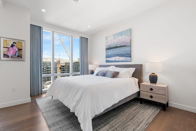 bedroom with dark hardwood / wood-style floors