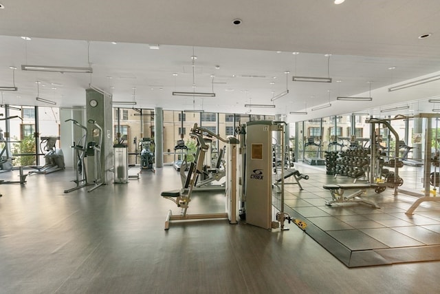 workout area featuring a wall of windows