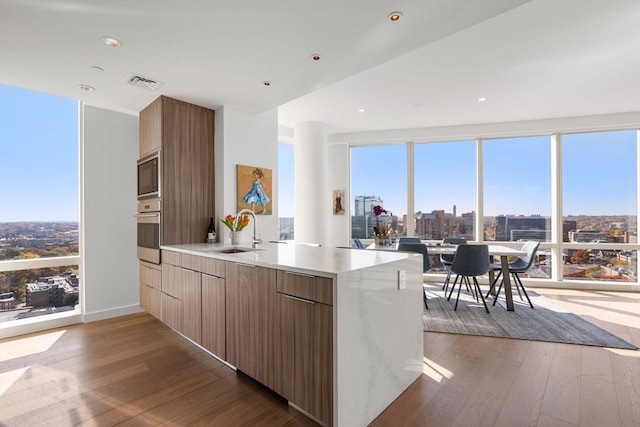 kitchen with sink, stainless steel appliances, dark hardwood / wood-style flooring, and kitchen peninsula