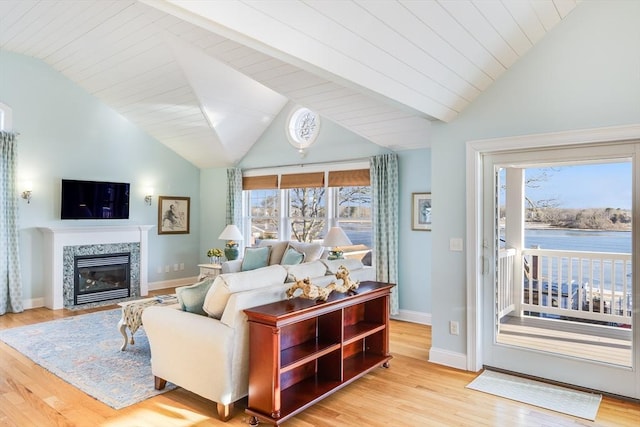 living room with light hardwood / wood-style floors and lofted ceiling