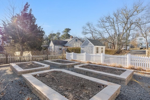 exterior space with a shed