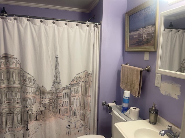 bathroom with ornamental molding, vanity, walk in shower, and toilet