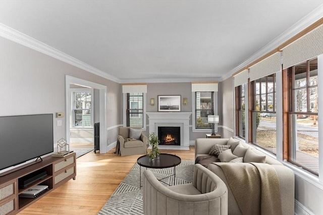 living area with ornamental molding, a warm lit fireplace, baseboards, and light wood finished floors