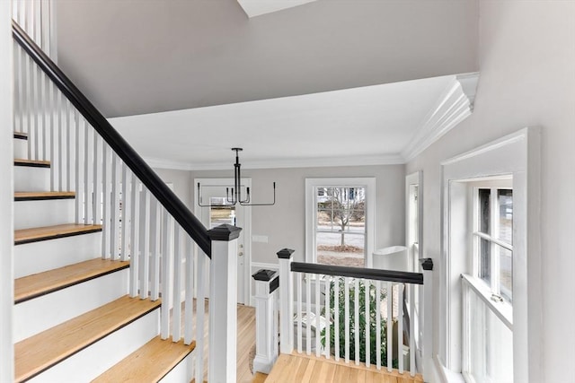 stairs featuring ornamental molding, wood finished floors, and an inviting chandelier