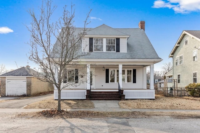 view of front of property with covered porch and a chimney