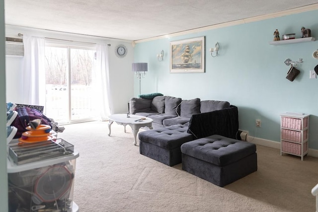 living room with ornamental molding and carpet flooring