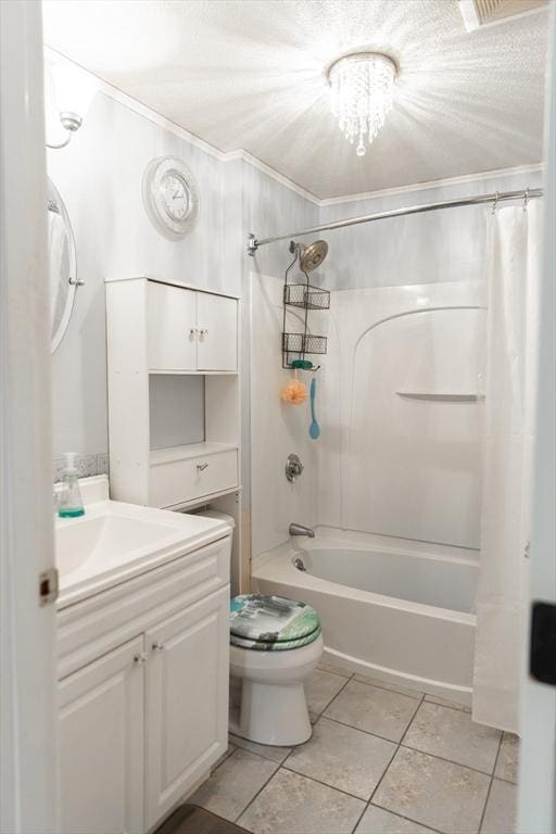 full bathroom with shower / bathtub combination with curtain, vanity, tile patterned flooring, and toilet