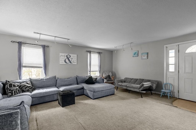 carpeted living room with rail lighting and a textured ceiling