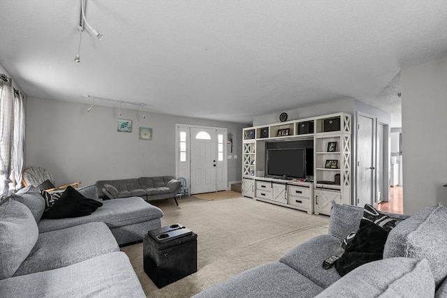 living area with rail lighting, a textured ceiling, and light colored carpet