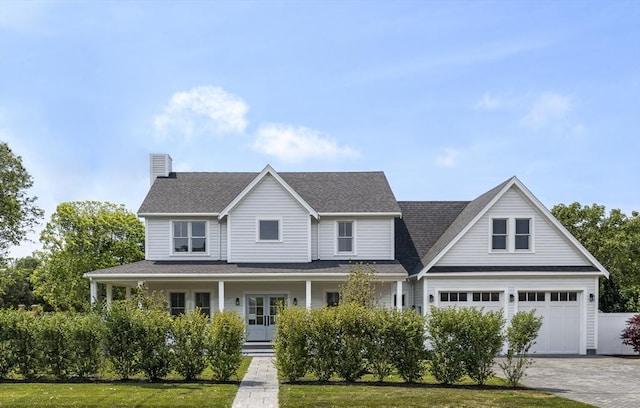 30 Franklin Ave, Oak Bluffs, MA 02557 - view of front of house with a chimney, concrete driveway, a front lawn, covered porch, and roof with shingles