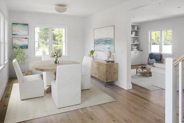 30 Franklin Ave, Oak Bluffs, MA 02557 - dining room featuring light wood-style floors, built in features, and baseboards
