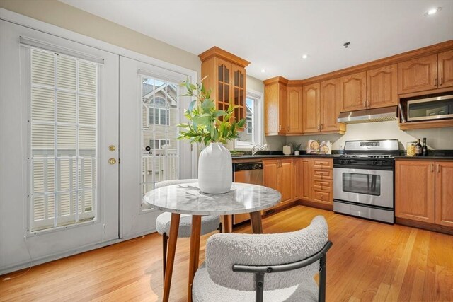 kitchen with light wood-type flooring, under cabinet range hood, dark countertops, and stainless steel appliances
