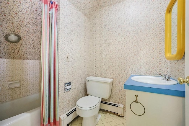 full bathroom with shower / bath combination with curtain, vanity, toilet, and baseboard heating