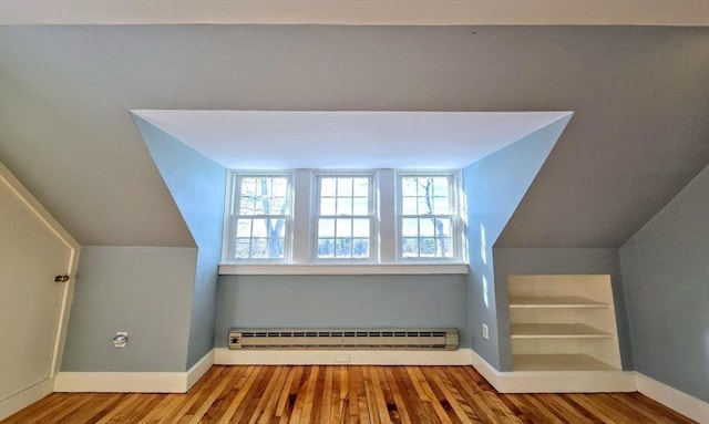 bonus room featuring a baseboard radiator, lofted ceiling, and hardwood / wood-style flooring